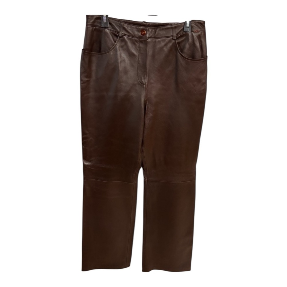 NWT St John Sport Choc Brown Leather Pants with Copper Accents Sz 14 (12)